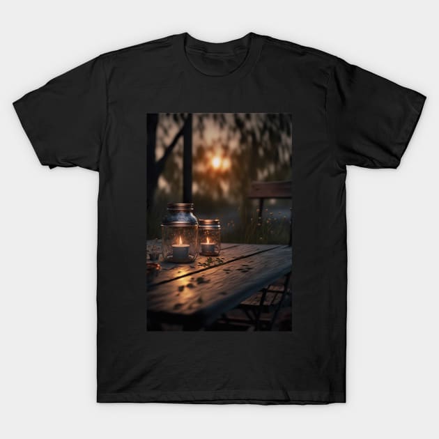 If nature was a candle - Vintage candle in bottle on a rustic picnic table T-Shirt by UmagineArts